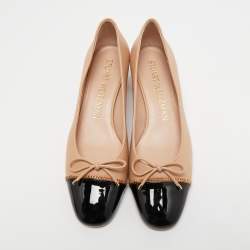 Stuart Weitzman Beige/Black Patent and Leather Block Heel Pumps Size 39.5