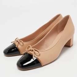 Stuart Weitzman Beige/Black Patent and Leather Block Heel Pumps Size 39.5