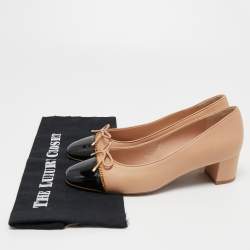 Stuart Weitzman Beige/Black Patent and Leather Block Heel Pumps Size 39.5