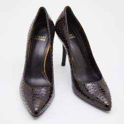 Stuart Weitzman Dark Brown Python Embossed Patent Leather Pointed Toe Pumps Size 39.5