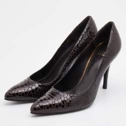 Stuart Weitzman Dark Brown Python Embossed Patent Leather Pointed Toe Pumps Size 39.5