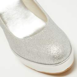 Stuart Weitzman Silver Leather and Glitter Wedge Pumps Size 40