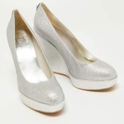 Stuart Weitzman Silver Leather and Glitter Wedge Pumps Size 40