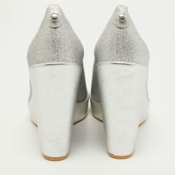 Stuart Weitzman Silver Leather and Glitter Wedge Pumps Size 40