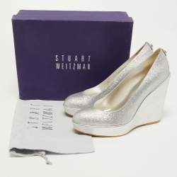 Stuart Weitzman Silver Leather and Glitter Wedge Pumps Size 40