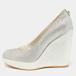 Stuart Weitzman Silver Leather and Glitter Wedge Pumps Size 40