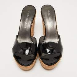 Stuart Weitzman Black Patent Overit Cork Wedge Sandals Size 39.5