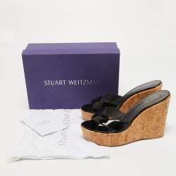 Stuart Weitzman Black Patent Overit Cork Wedge Sandals Size 39.5