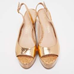 Stuart Weitzman Metallic Python Embossed Leather Cork Wedge Slingback Sandals Size 39.5