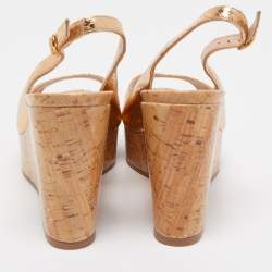 Stuart Weitzman Metallic Python Embossed Leather Cork Wedge Slingback Sandals Size 39.5