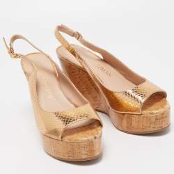 Stuart Weitzman Metallic Python Embossed Leather Cork Wedge Slingback Sandals Size 39.5