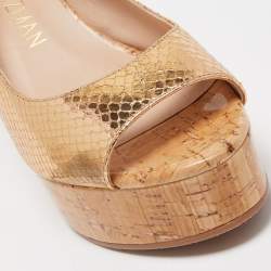 Stuart Weitzman Metallic Python Embossed Leather Cork Wedge Slingback Sandals Size 39.5