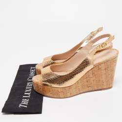 Stuart Weitzman Metallic Python Embossed Leather Cork Wedge Slingback Sandals Size 39.5