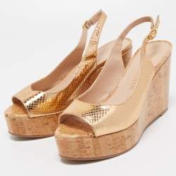Stuart Weitzman Metallic Python Embossed Leather Cork Wedge Slingback Sandals Size 39.5