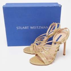 Pre Owned Stuart Weitzman Gold Metallic Glitter Ankle Strap Open Toe Sandals Size 38.5