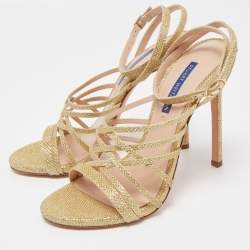Pre Owned Stuart Weitzman Gold Metallic Glitter Ankle Strap Open Toe Sandals Size 38.5