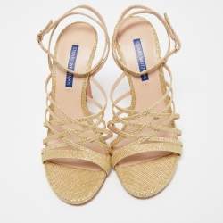 Pre Owned Stuart Weitzman Gold Metallic Glitter Ankle Strap Open Toe Sandals Size 38.5