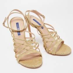 Pre Owned Stuart Weitzman Gold Metallic Glitter Ankle Strap Open Toe Sandals Size 38.5