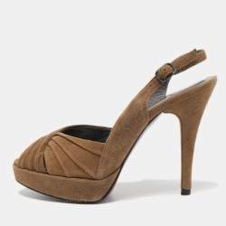 Stuart Weitzman Olive Green Pleated Suede Peep Toe Platform Slingback Pumps Size 37.5