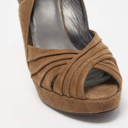 Stuart Weitzman Olive Green Pleated Suede Peep Toe Platform Slingback Pumps Size 37.5
