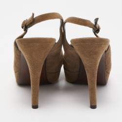 Stuart Weitzman Olive Green Pleated Suede Peep Toe Platform Slingback Pumps Size 37.5