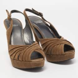 Stuart Weitzman Olive Green Pleated Suede Peep Toe Platform Slingback Pumps Size 37.5