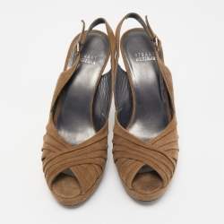 Stuart Weitzman Olive Green Pleated Suede Peep Toe Platform Slingback Pumps Size 37.5
