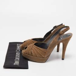 Stuart Weitzman Olive Green Pleated Suede Peep Toe Platform Slingback Pumps Size 37.5