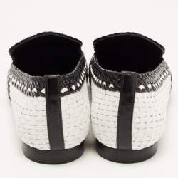 Pre Owned Stuart Weitzman Black/White Woven Leather Riviera Smoking Slippers Size 35