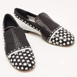 Pre Owned Stuart Weitzman Black/White Woven Leather Riviera Smoking Slippers Size 35