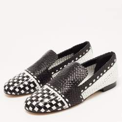 Pre Owned Stuart Weitzman Black/White Woven Leather Riviera Smoking Slippers Size 35