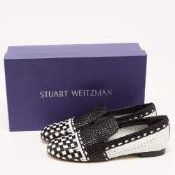 Pre Owned Stuart Weitzman Black/White Woven Leather Riviera Smoking Slippers Size 35