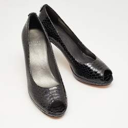 Stuart Weitzman Black Python Embossed Leather Peep Toe Pumps Size 36.5