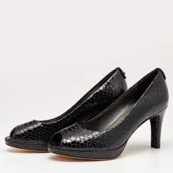Stuart Weitzman Black Python Embossed Leather Peep Toe Pumps Size 36.5