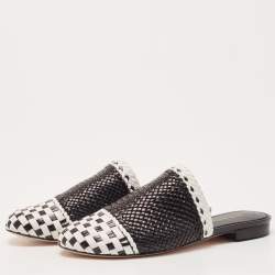 Pre Owned Stuart Weitzman Black/White Woven Leather Indiana Slide Mules Size 36