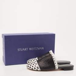 Pre Owned Stuart Weitzman Black/White Woven Leather Indiana Slide Mules Size 36