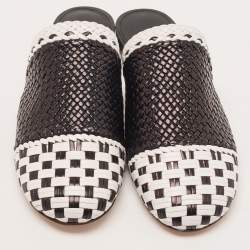 Pre Owned Stuart Weitzman Black/White Woven Leather Indiana Slide Mules Size 36