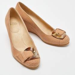 Pre Owned Stuart Weitzman Beige Lizard Embossed Leather Bucalina Wedge Pumps Size 37