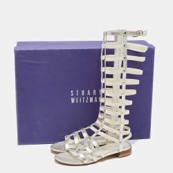 Stuart Weitzman Silver Leather And Elastic Gladiator Flat Sandals Size 36