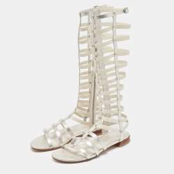 Stuart Weitzman Silver Leather And Elastic Gladiator Flat Sandals Size 36