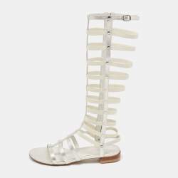 Stuart Weitzman Silver Leather And Elastic Gladiator Flat Sandals Size 36