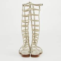 Pre Owned Stuart Weitzman Metallic White Leather and Elastic Gladiator Flat Sandals Size 40