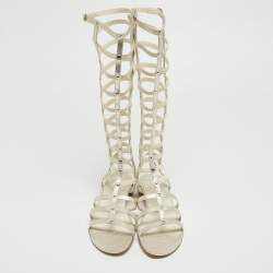 Pre Owned Stuart Weitzman Metallic White Leather and Elastic Gladiator Flat Sandals Size 40