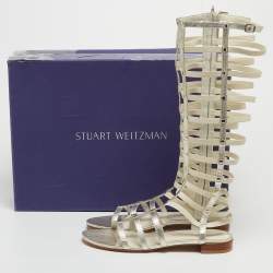 Pre Owned Stuart Weitzman Metallic White Leather and Elastic Gladiator Flat Sandals Size 40