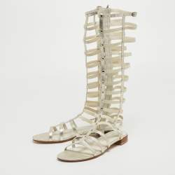 Pre Owned Stuart Weitzman Metallic White Leather and Elastic Gladiator Flat Sandals Size 40