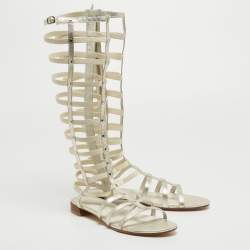 Pre Owned Stuart Weitzman Metallic White Leather and Elastic Gladiator Flat Sandals Size 40