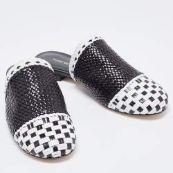 Stuart Weitzman Black/White Woven Leather Indiana Flat Mules Size 36