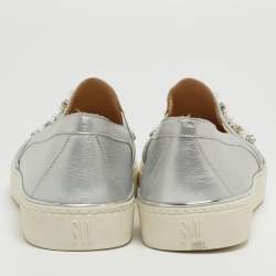 Pre Owned Stuart Weitzman Silver Leather Faux Pearl and Crystal Embellished Slip On Sneakers Size 42