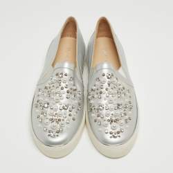 Pre Owned Stuart Weitzman Silver Leather Faux Pearl and Crystal Embellished Slip On Sneakers Size 42
