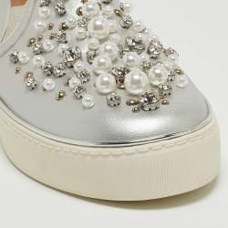 Pre Owned Stuart Weitzman Silver Leather Faux Pearl and Crystal Embellished Slip On Sneakers Size 42